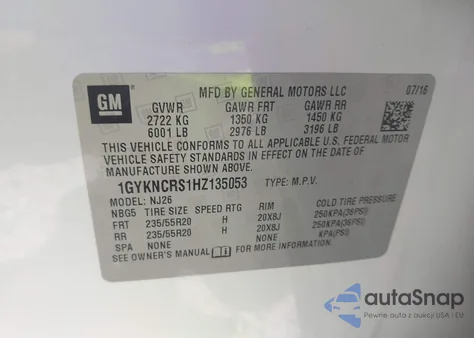 2017 Cadillac Xt5 Premium Luxury z USA, uszkodzony, nr VIN 1GYKNCRS1HZ135053